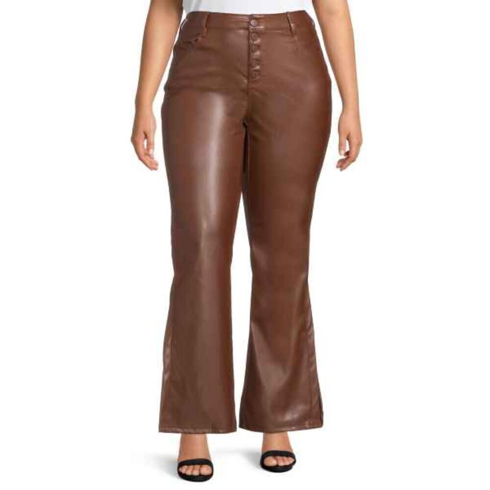 Dollhouse Junior Plus Brown Vegan Leather Jackie Flare Side Slit Pants Size 24W